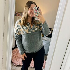 Haptics Camel & Charcoal Leopard Print Fleece Henley Top